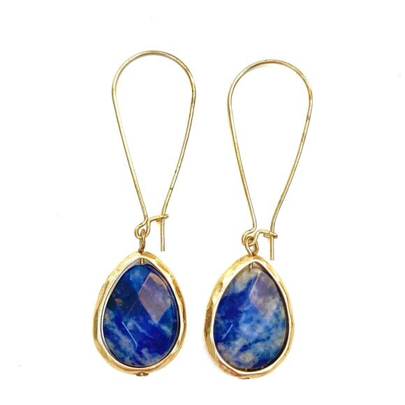 Vintage Sodalite Teardrop Earrings Gold Plate |  Long Dangle Nickel-Free | Blue - Picture 1 of 9